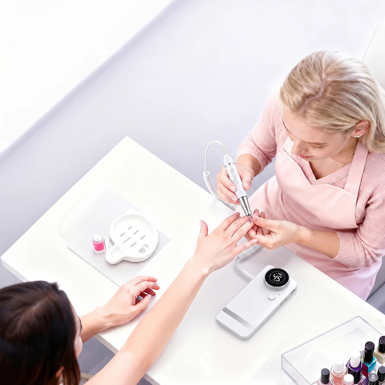 White 912 cordless brushless nail drill used in a professional manicure salon