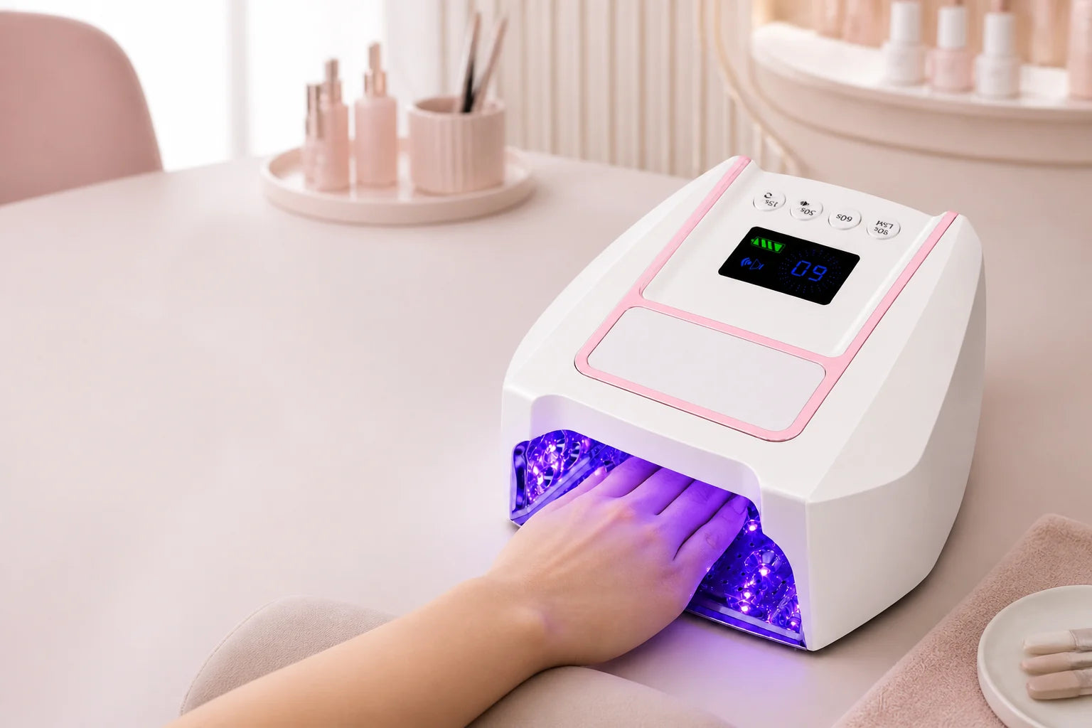 H37 UV LED nail lamp used during a professional salon gel curing service