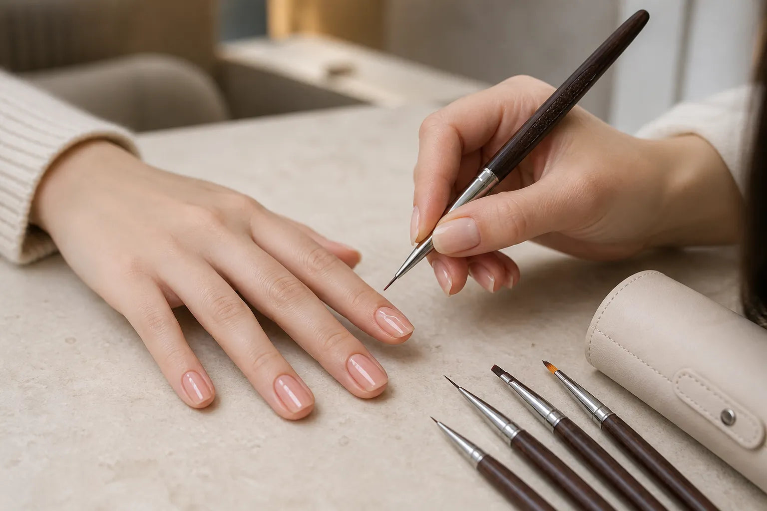 Rosewood nail art brush used for precise line work in a manicure salon