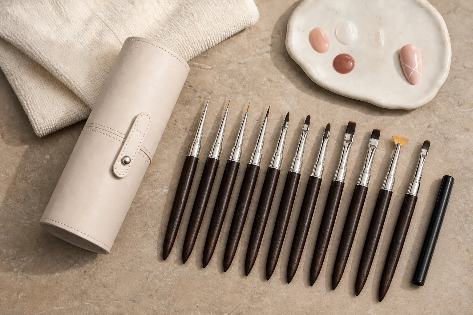 Twelve-piece rosewood nail art brush set arranged on a professional workstation