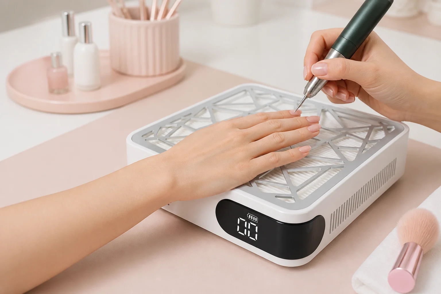 X10 cordless nail dust collector used during a professional nail filing service
