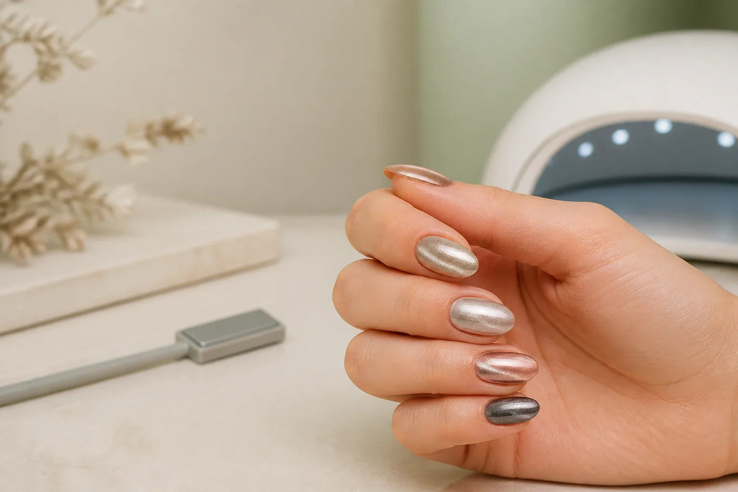 Cat-eye chrome nails with magnetic velvet effect, chrome glaze, nail magnet and UV LED lamp