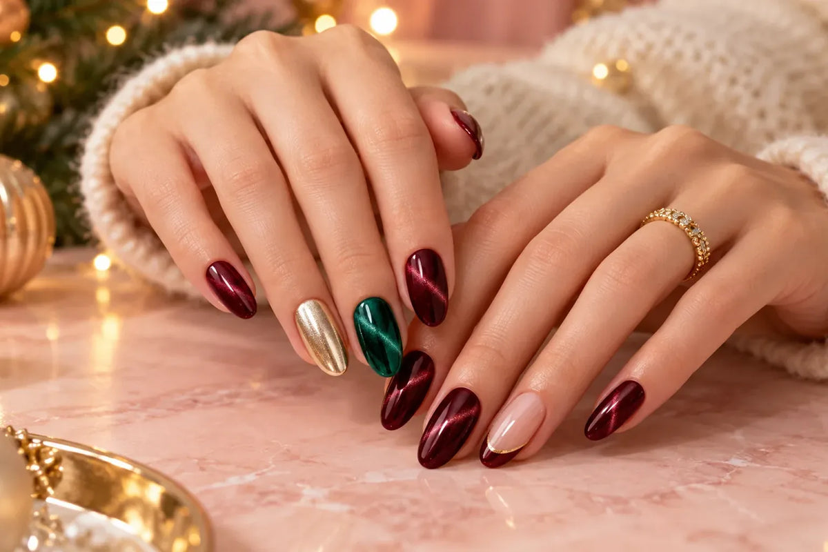 Christmas nails 2026 with burgundy velvet cat-eye, emerald magnetic gel and champagne chrome accents