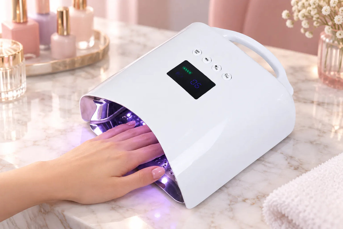 Wellstry H42 UV LED nail lamp curing builder gel in a professional manicure salon