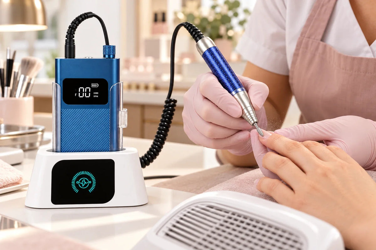 Wellstry P90 cordless nail drill used for controlled e-file manicure preparation with dust extraction