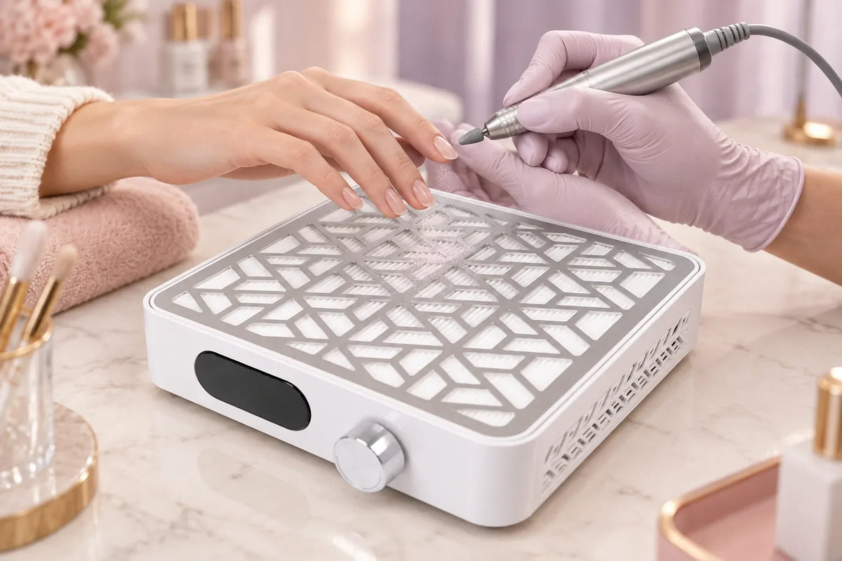 Wellstry X15 nail dust collector capturing filing dust during a structured gel e-file service