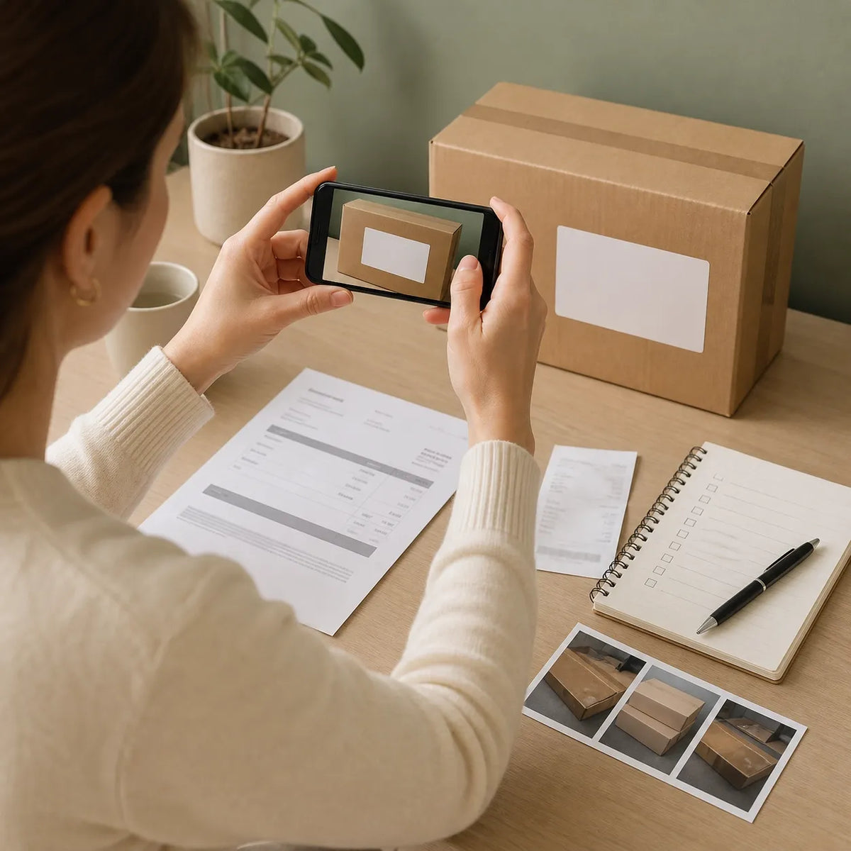 Customer preparing order details, photos and packaging information for a Wellstry support request