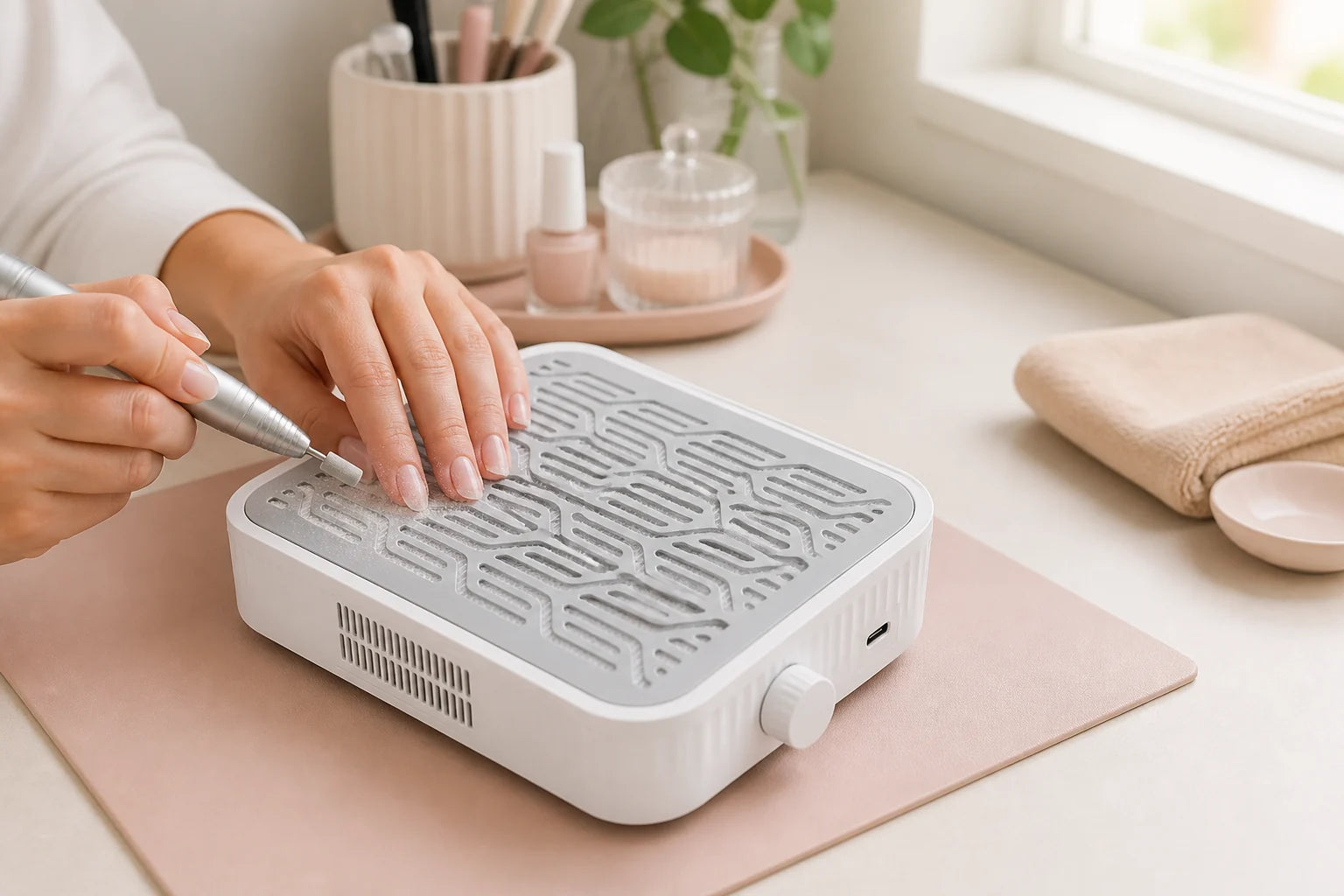 D10 cordless nail dust collector used in a compact nail workspace