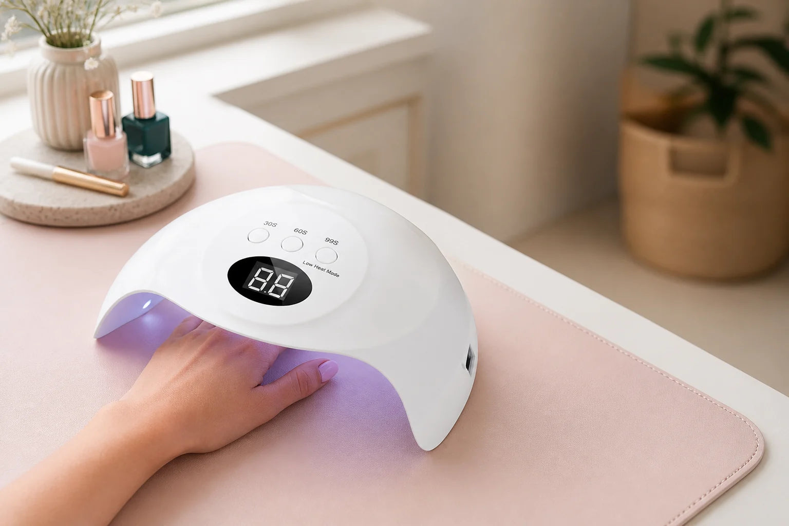 Sun30E UV LED nail lamp used for an at-home gel manicure