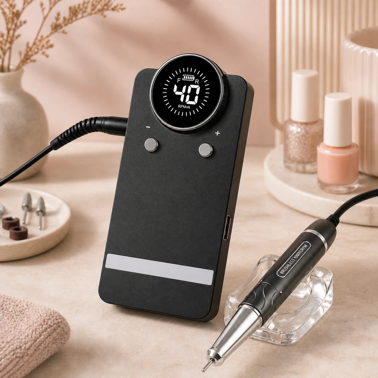 Wellstry 912 rechargeable brushless nail drill in a warm professional salon workspace