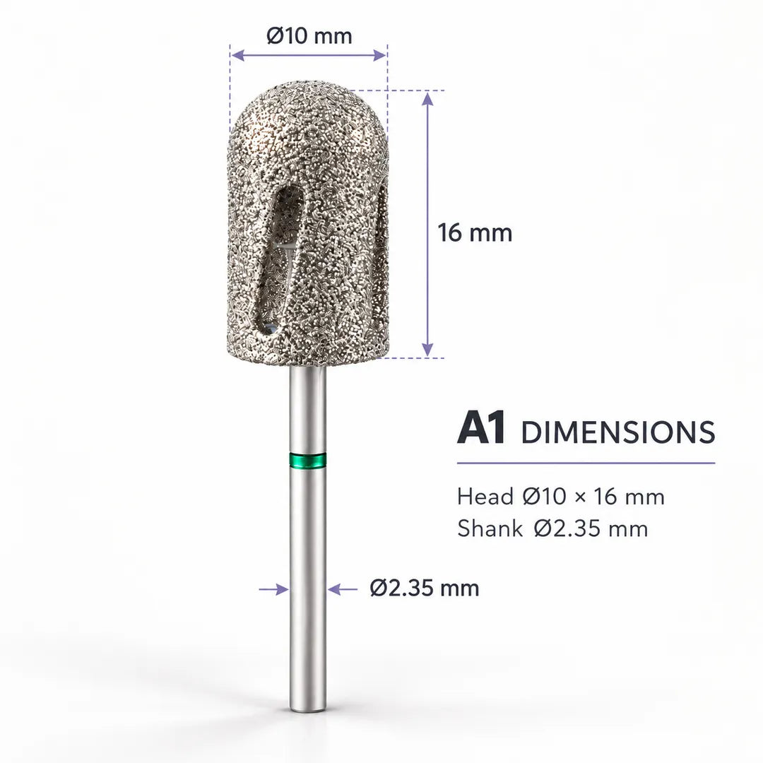 Wellstry A1 foot care bit dimensions with 10 by 16 mm head and 2.35 mm shank