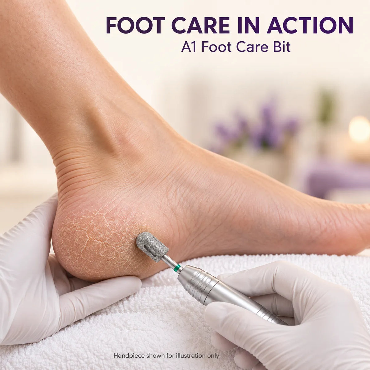 Wellstry A1 foot care bit shown in a professional pedicure routine