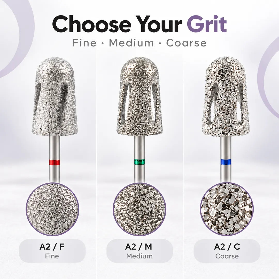 Close comparison of Wellstry A2 fine medium and coarse pedicure bit textures