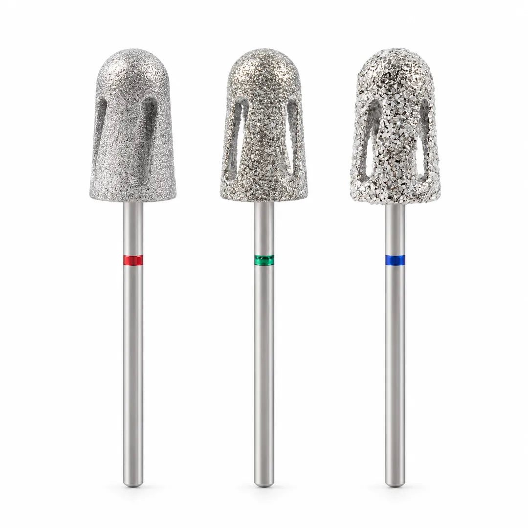 Wellstry A2 pedicure nail drill bits in fine medium and coarse grades on white