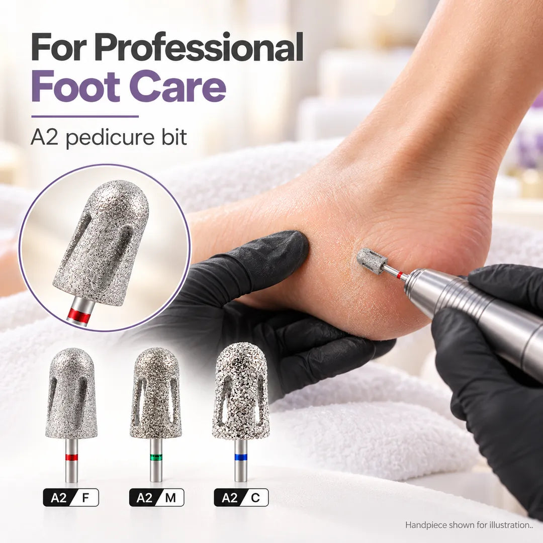 Wellstry A2 pedicure bit shown in a professional foot care routine