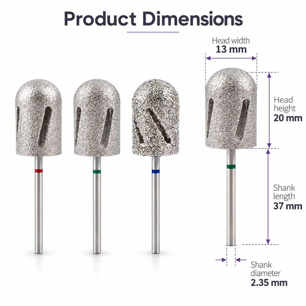 Wellstry A3 pedicure bit dimensions with 13 by 20 mm head and 2.35 mm shank