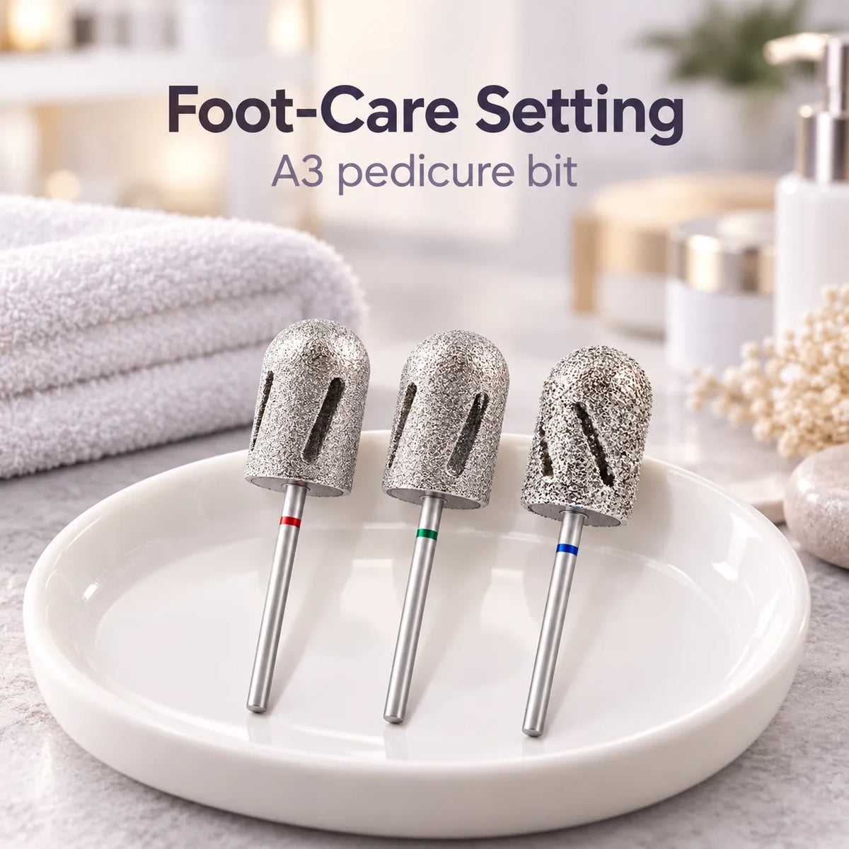 Wellstry A3 pedicure nail drill bit in a professional salon setting
