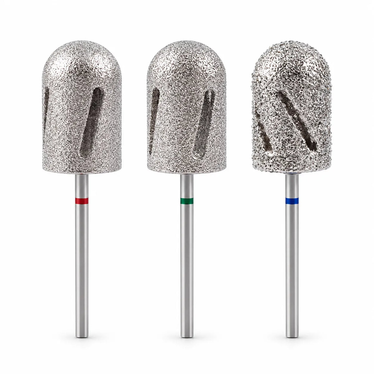 Wellstry A3 stainless steel pedicure nail drill bits in fine medium and coarse grades on white