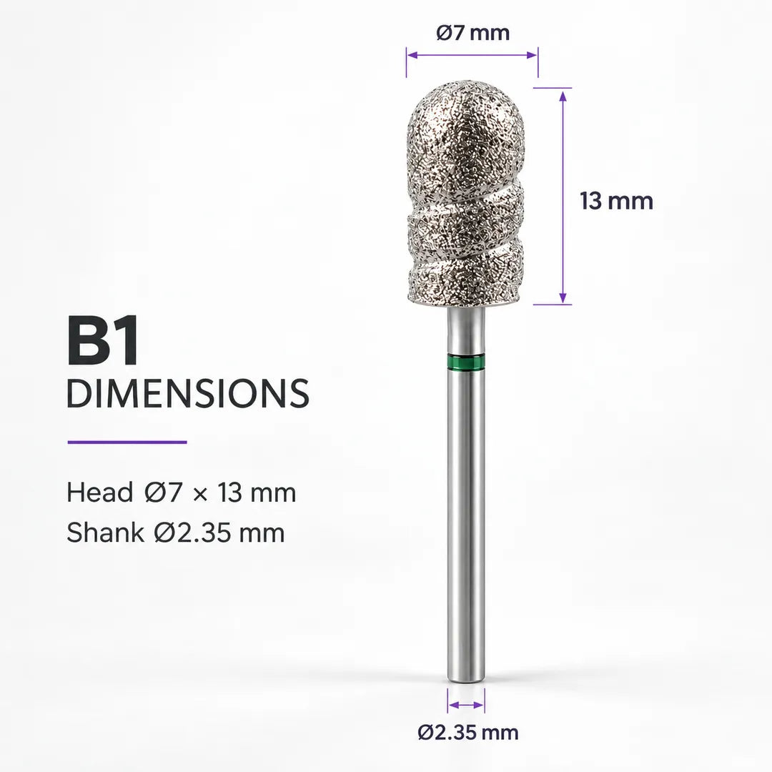 Wellstry B1 pedicure bit dimensions with 7 by 13 mm head and 2.35 mm shank