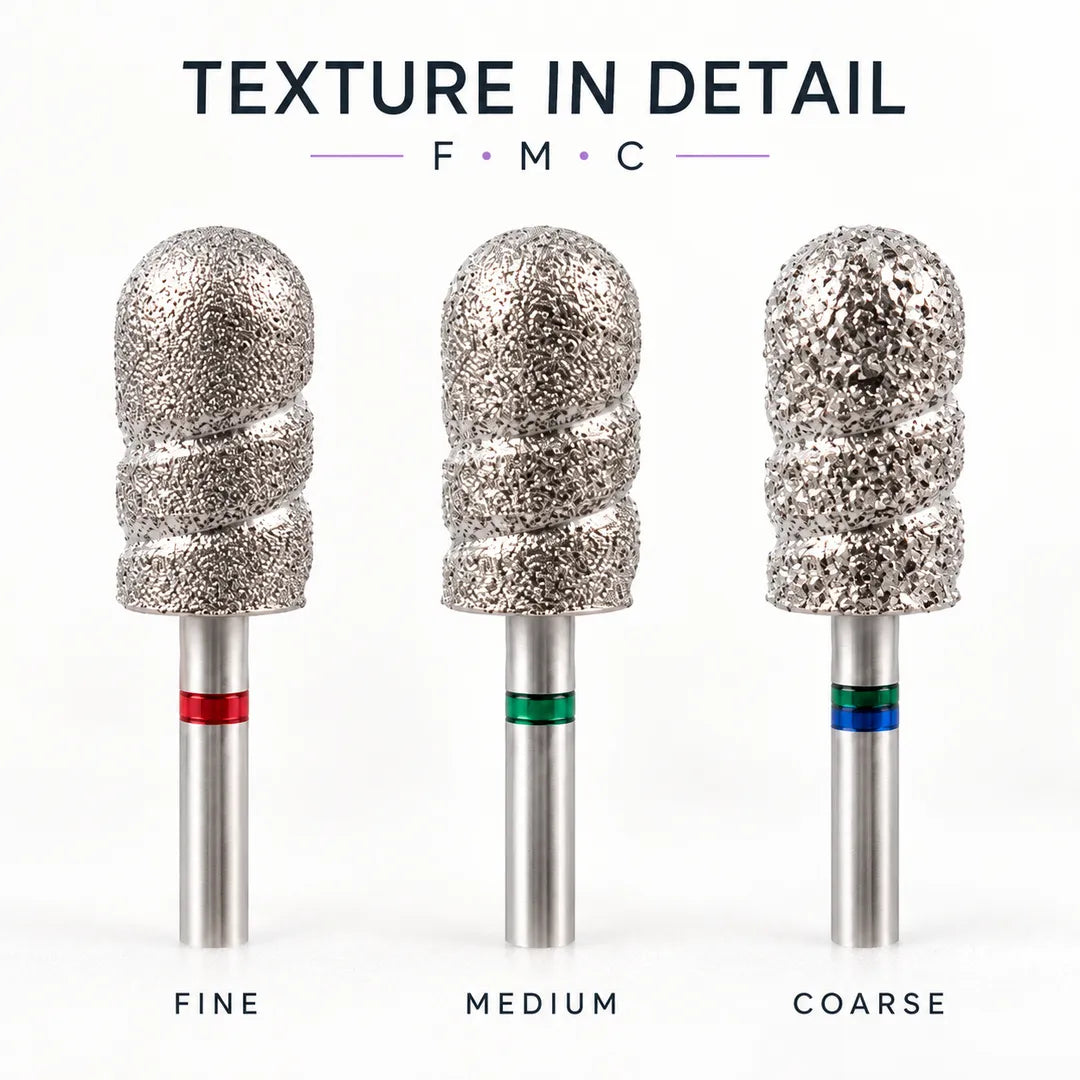 Close comparison of Wellstry B1 fine medium and coarse pedicure bit textures