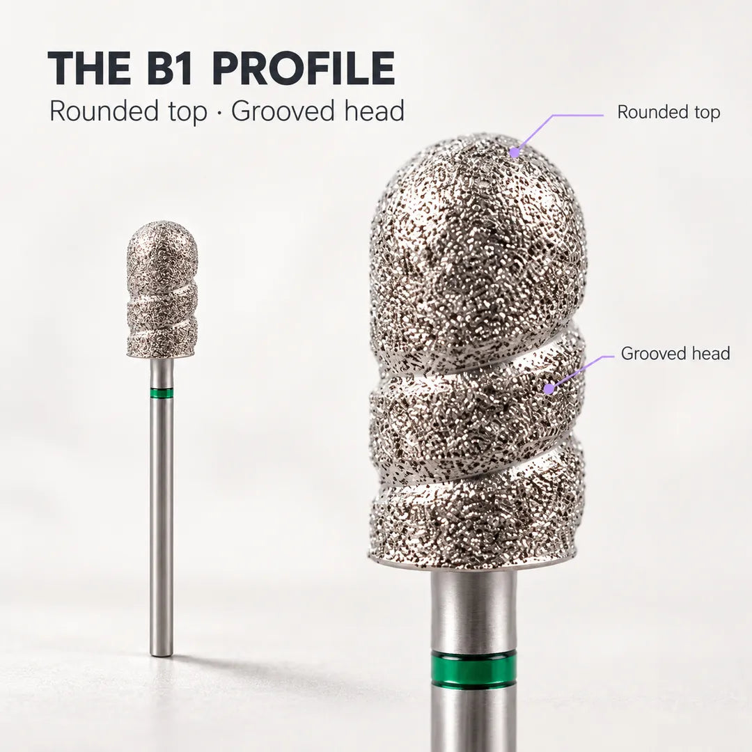 Wellstry B1 pedicure bit with rounded top and grooved head profile