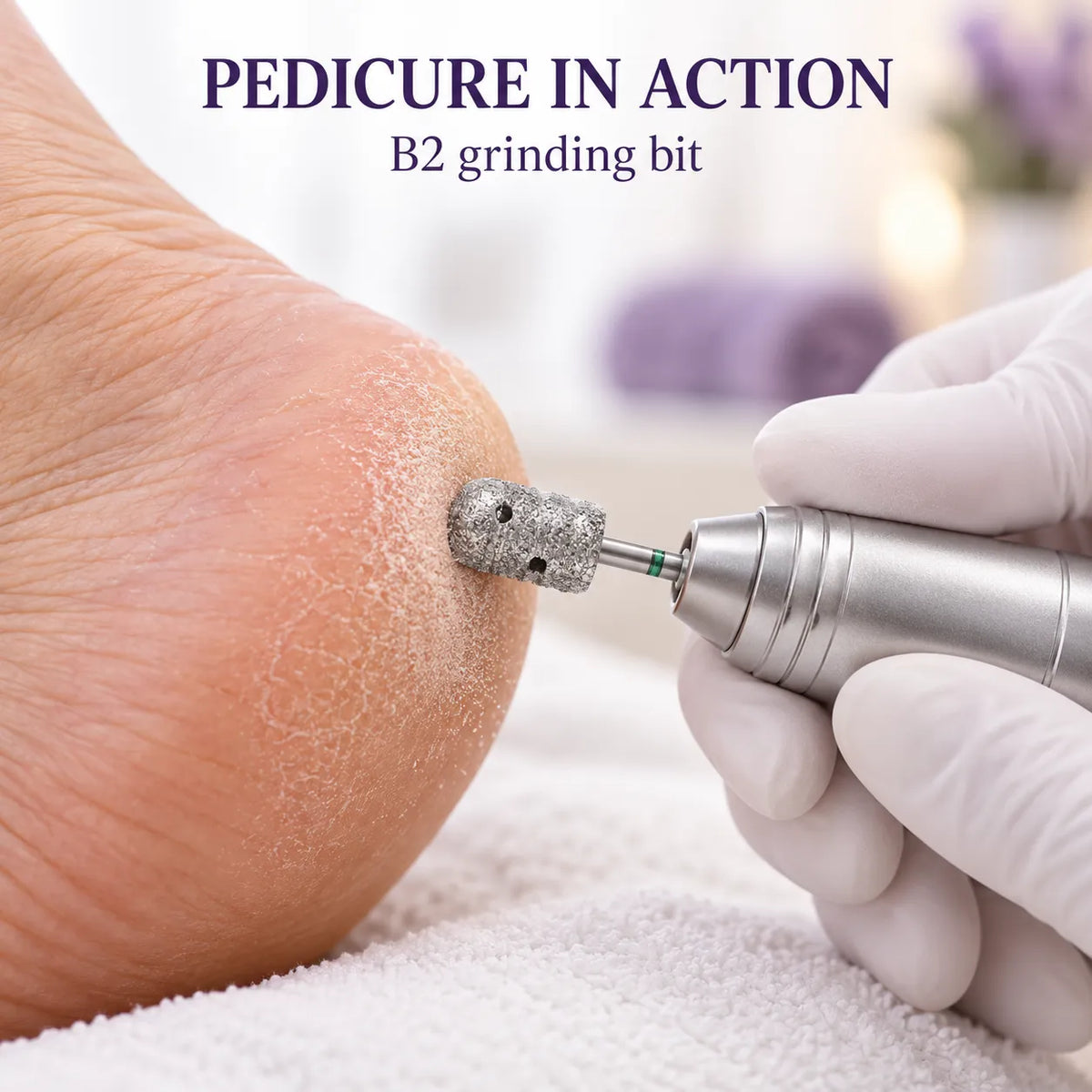 Wellstry B2 grinding bit shown in a professional pedicure foot care routine