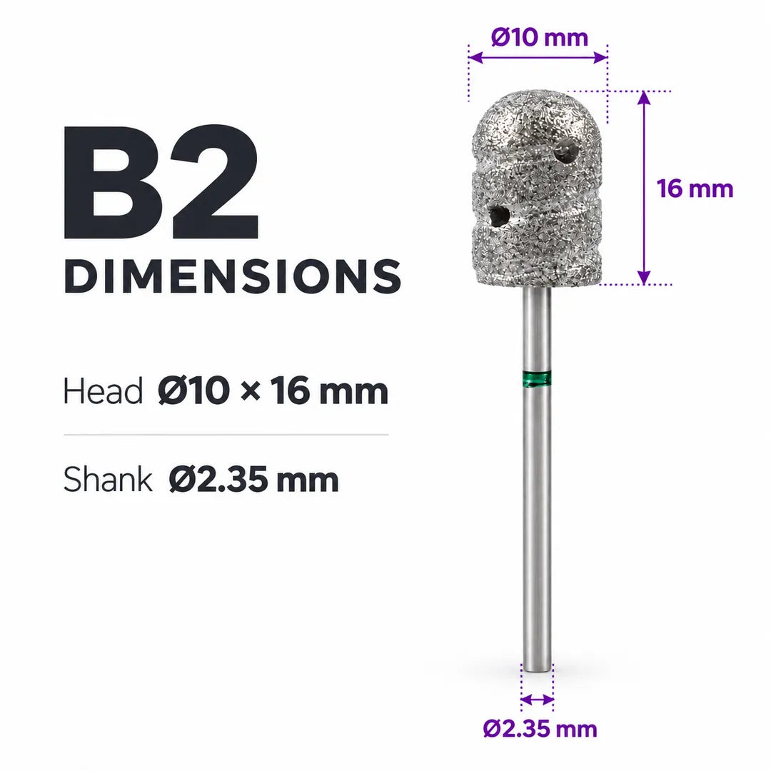 Wellstry B2 pedicure bit dimensions with 10 by 16 mm head and 2.35 mm shank