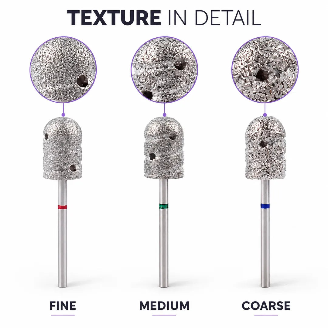 Close comparison of Wellstry B2 fine medium and coarse pedicure bit textures