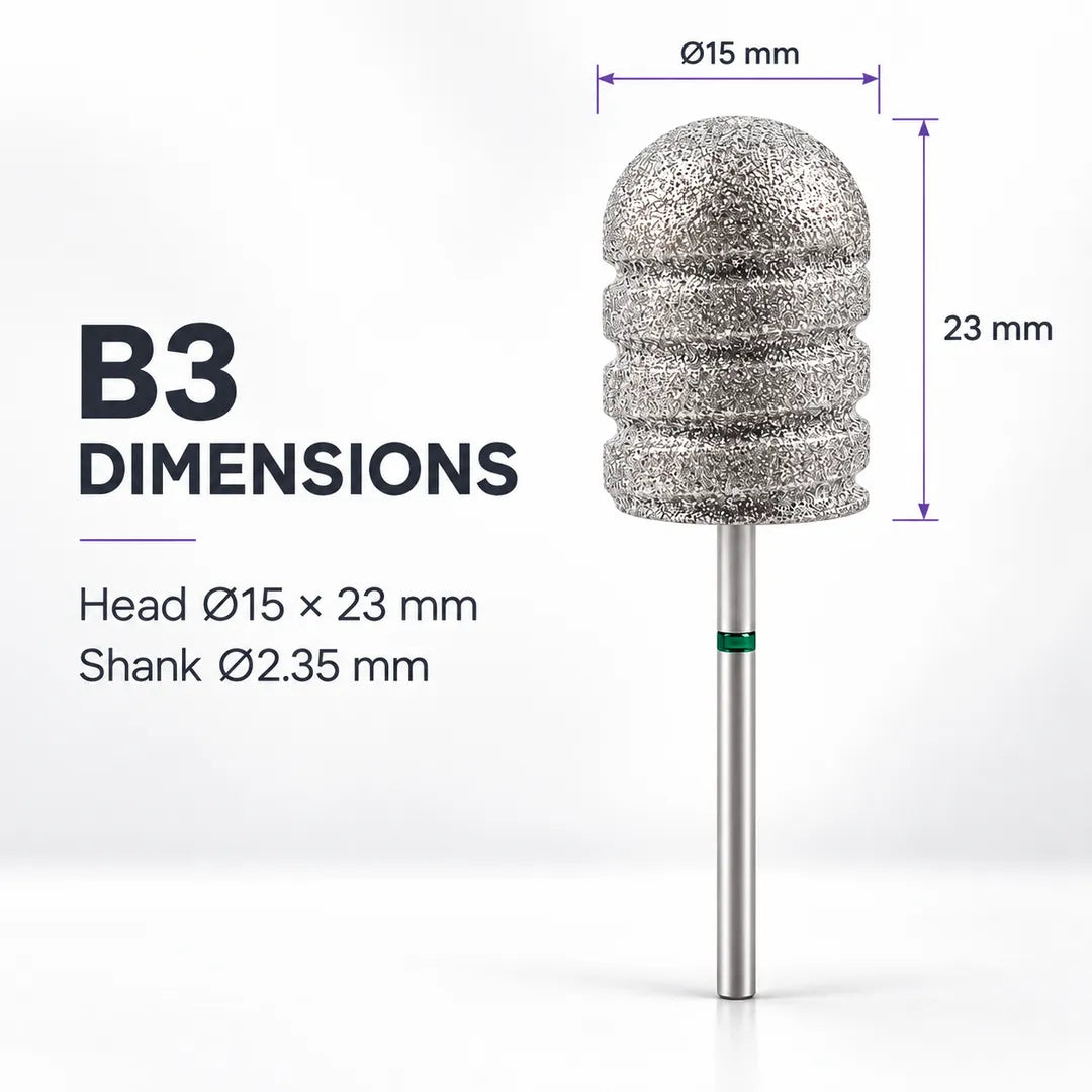 Wellstry B3 pedicure bit dimensions with 15 by 23 mm head and 2.35 mm shank