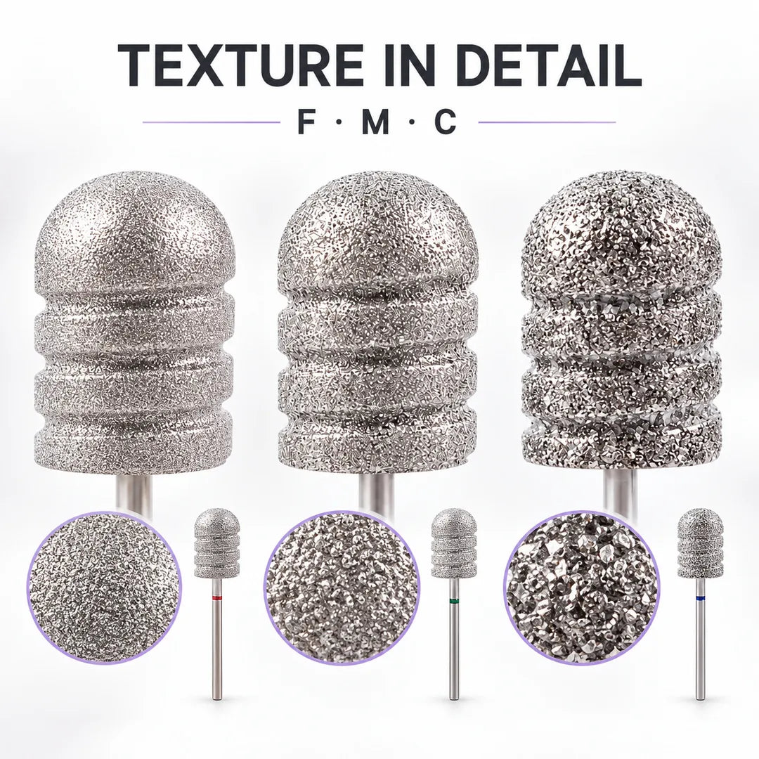 Close comparison of Wellstry B3 fine medium and coarse pedicure bit textures
