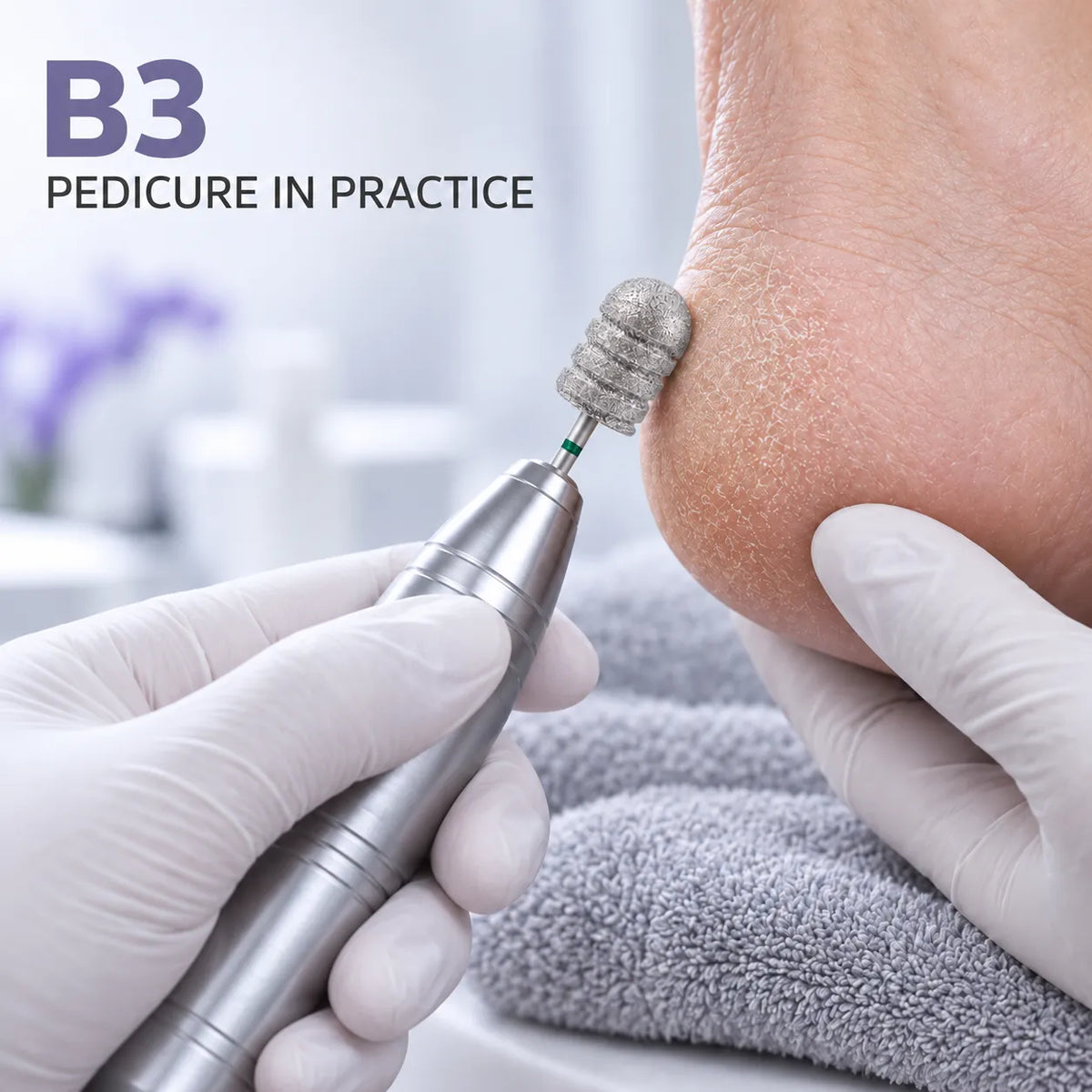 Wellstry B3 grinding bit shown in a professional pedicure foot care routine