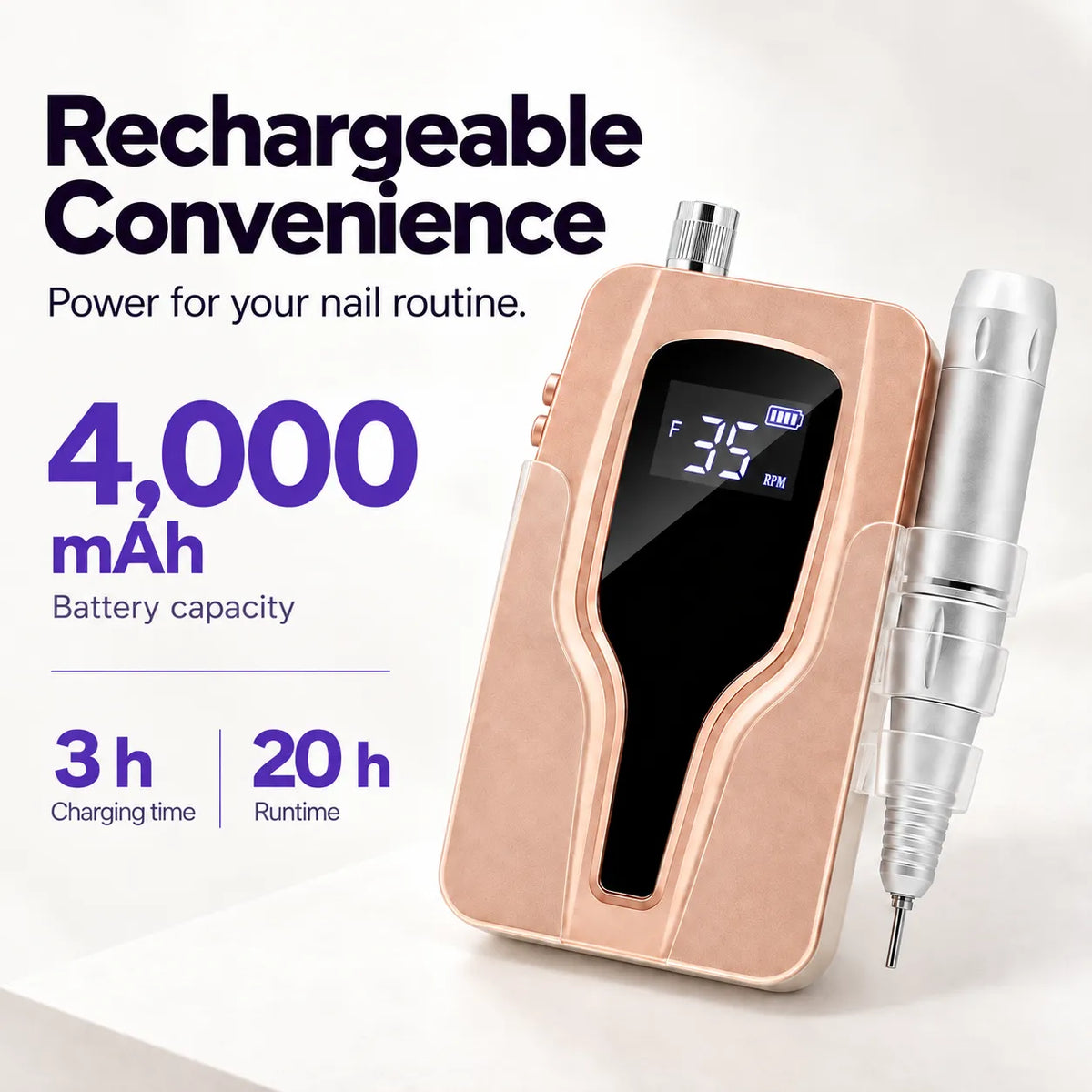 P20 rechargeable nail drill with 4000mAh battery and up to 20 hours runtime