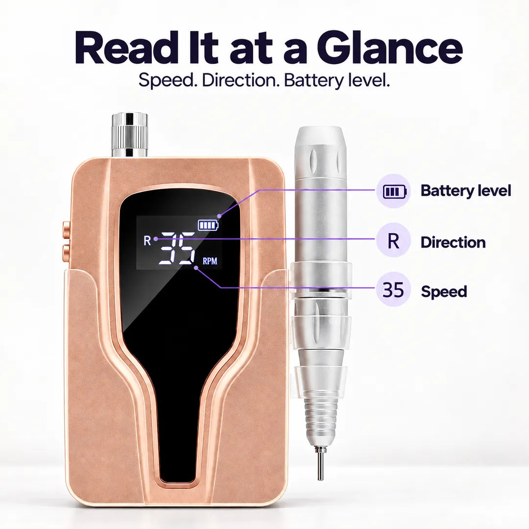 P20 nail drill digital display showing speed direction and battery level