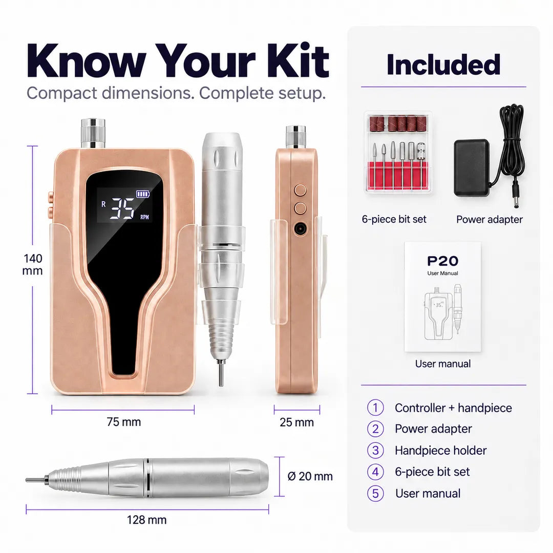 P20 cordless nail drill dimensions and included accessories kit