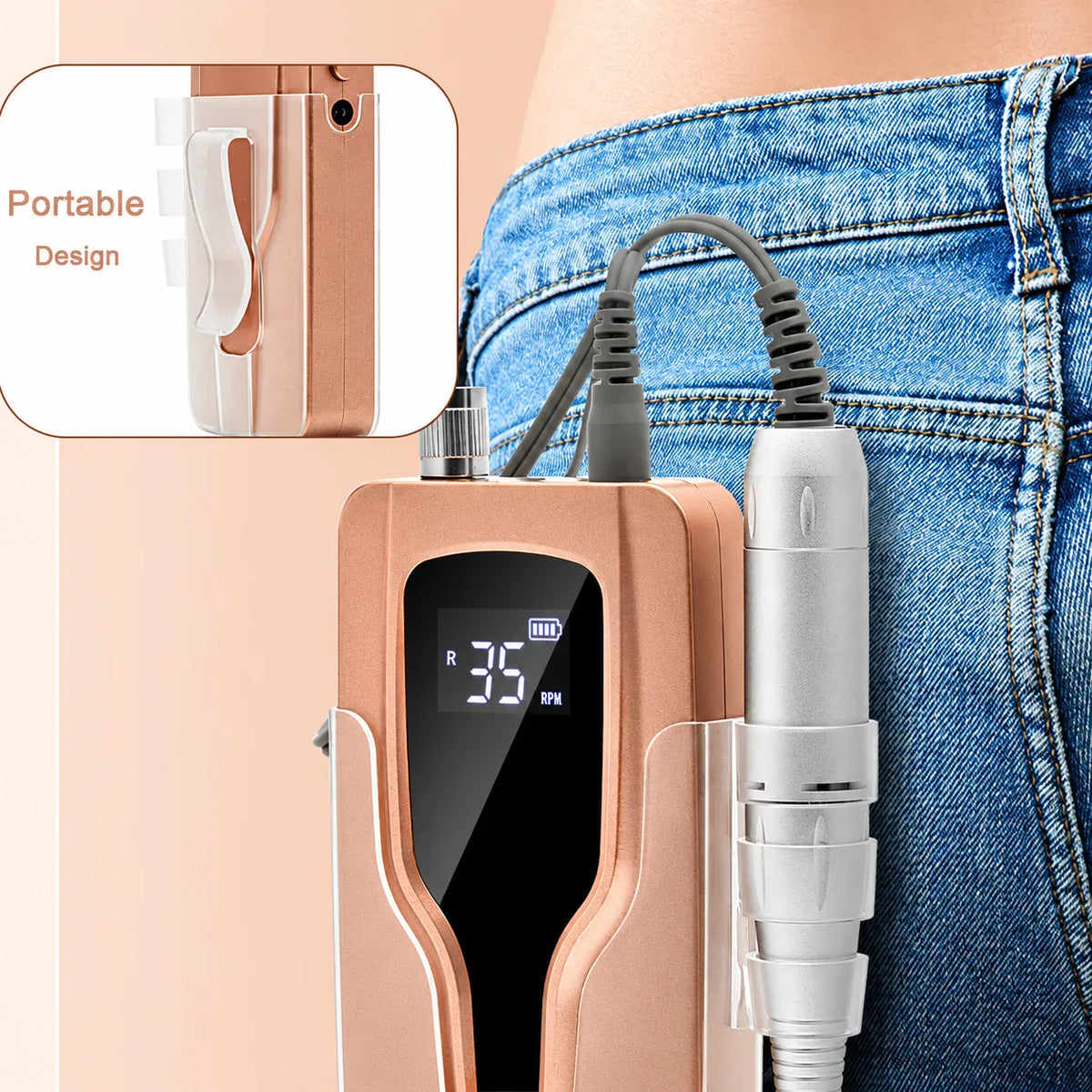 P20 portable cordless nail drill with belt clip and handpiece holder