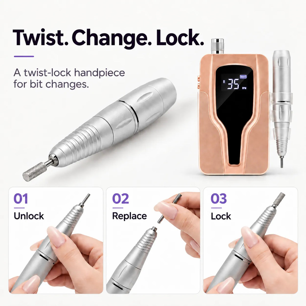 P20 nail drill twist-lock handpiece for quick bit changes