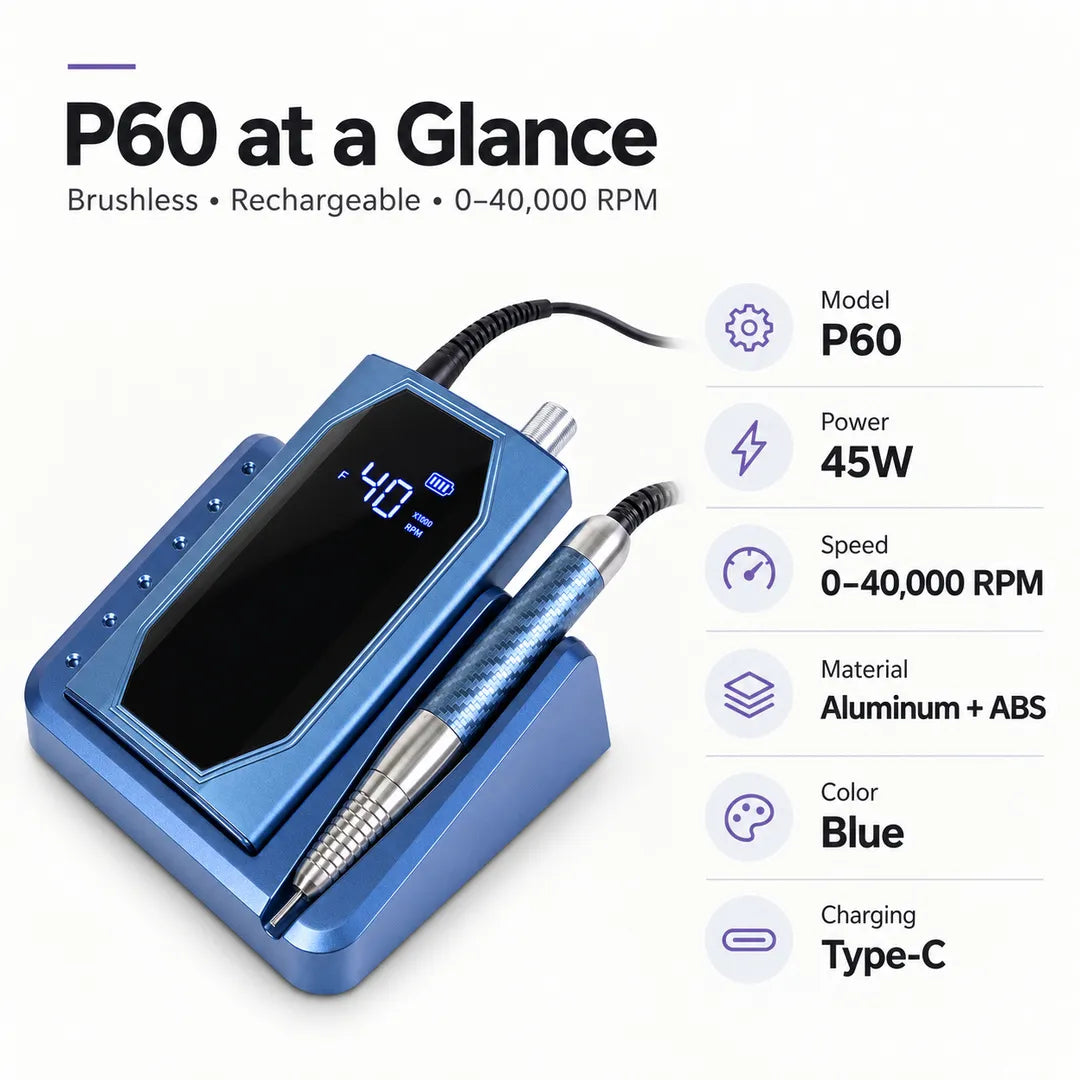 P60 blue 45W brushless nail drill with 40000 RPM and Type-C charging