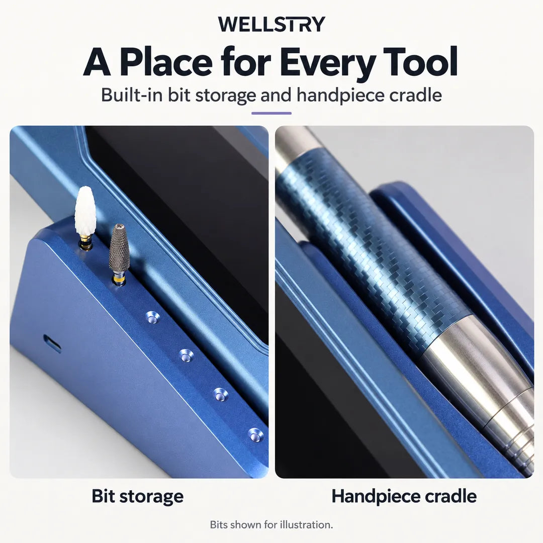 P60 nail drill built-in bit storage and handpiece cradle