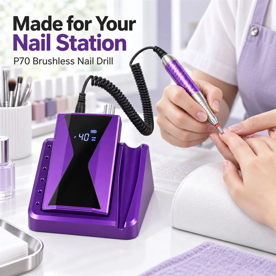 P70 purple brushless nail drill used at a professional nail station