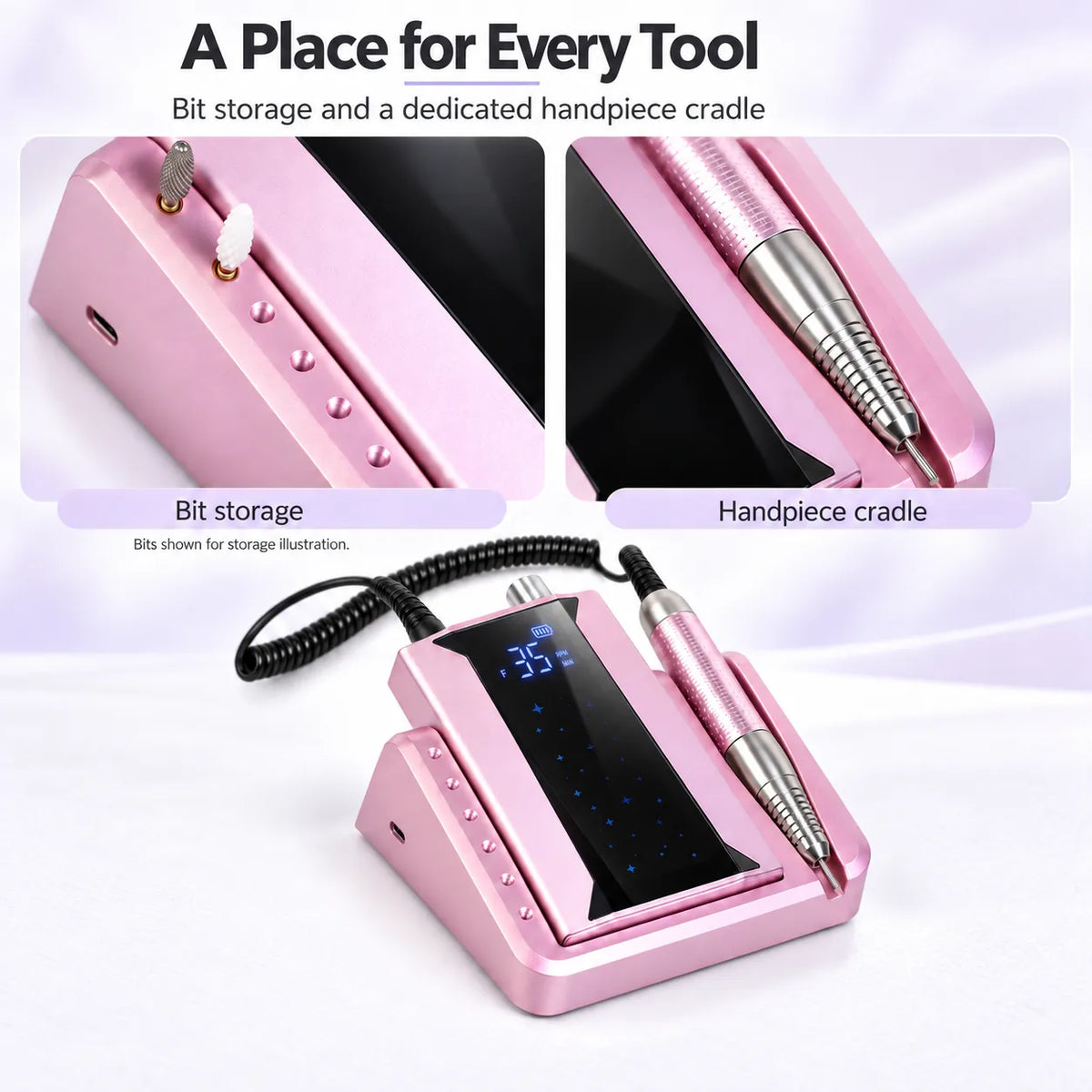 P80 nail drill built-in bit storage and handpiece cradle