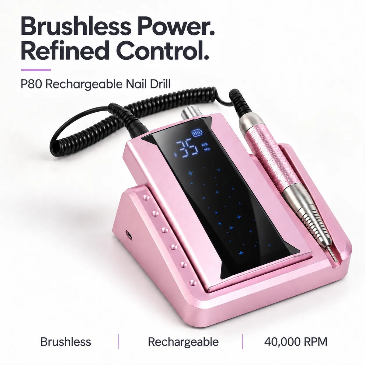 P80 pink rechargeable brushless nail drill and handpiece