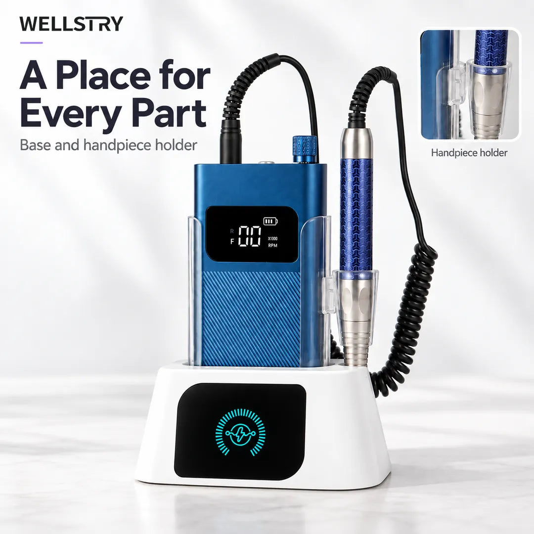 P90 cordless nail drill base and integrated handpiece holder