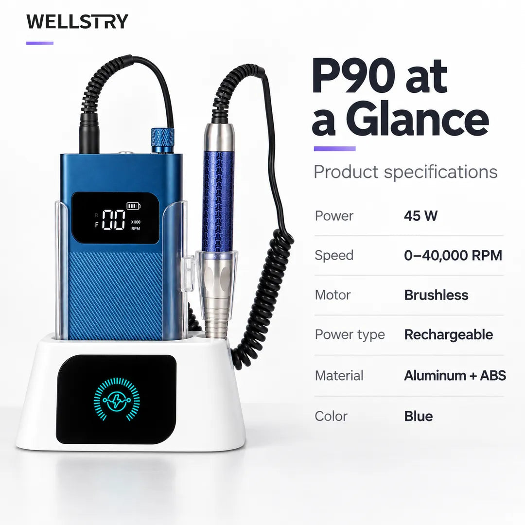 P90 cordless nail drill specifications including 45W and 40000 RPM