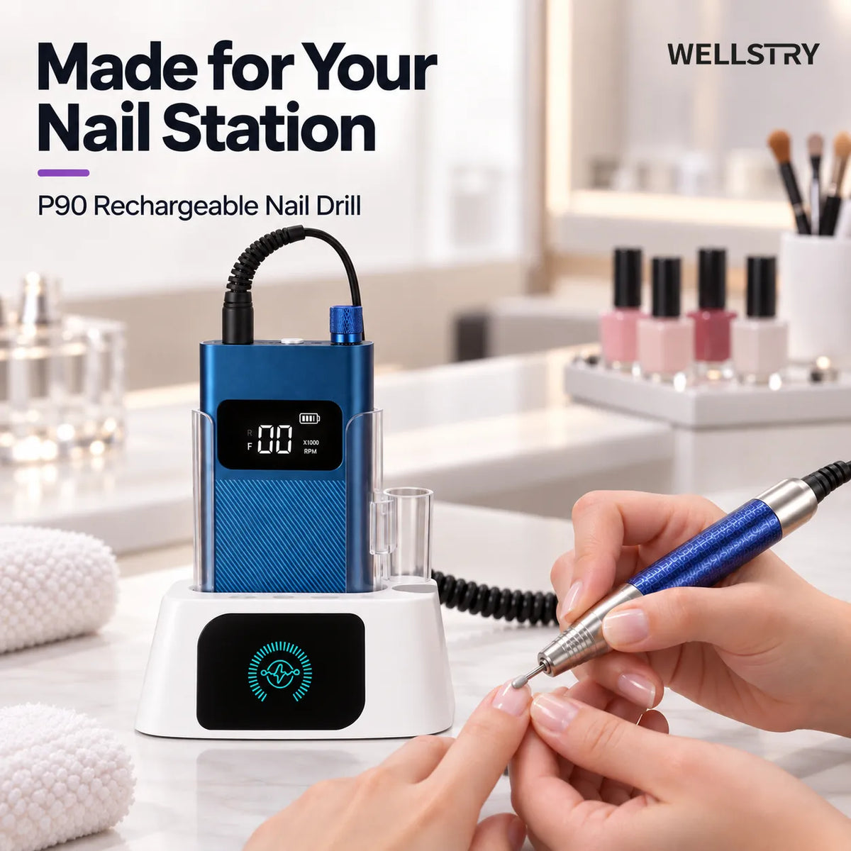Wellstry P90 rechargeable nail drill in a professional nail salon