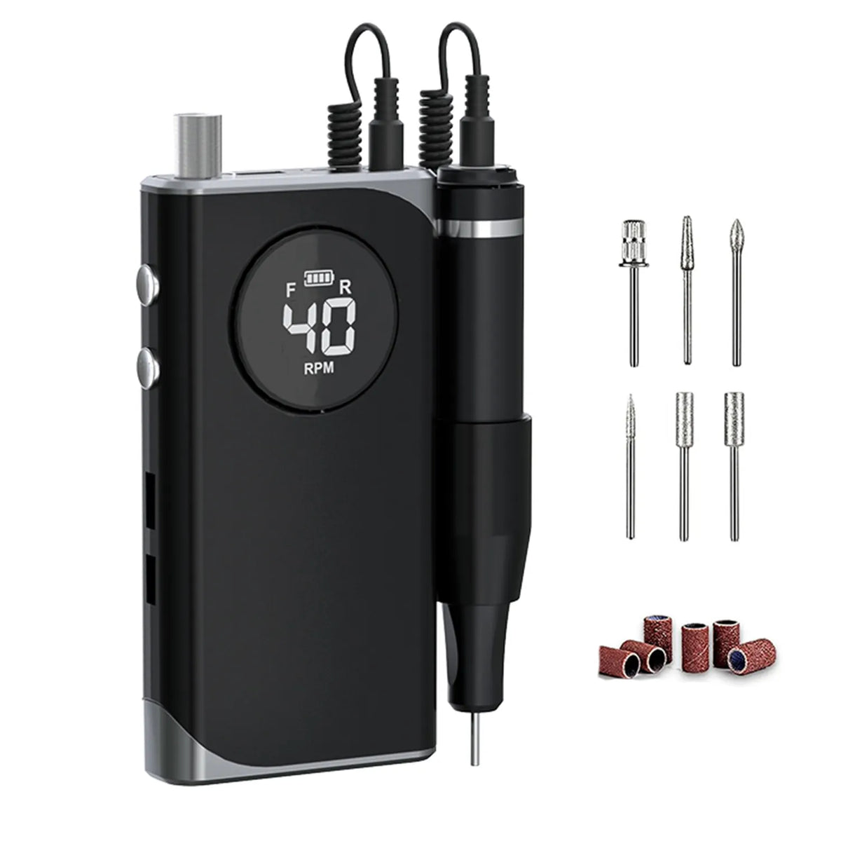 Wellstry UV-401 black cordless nail drill with handpiece bits and sanding bands