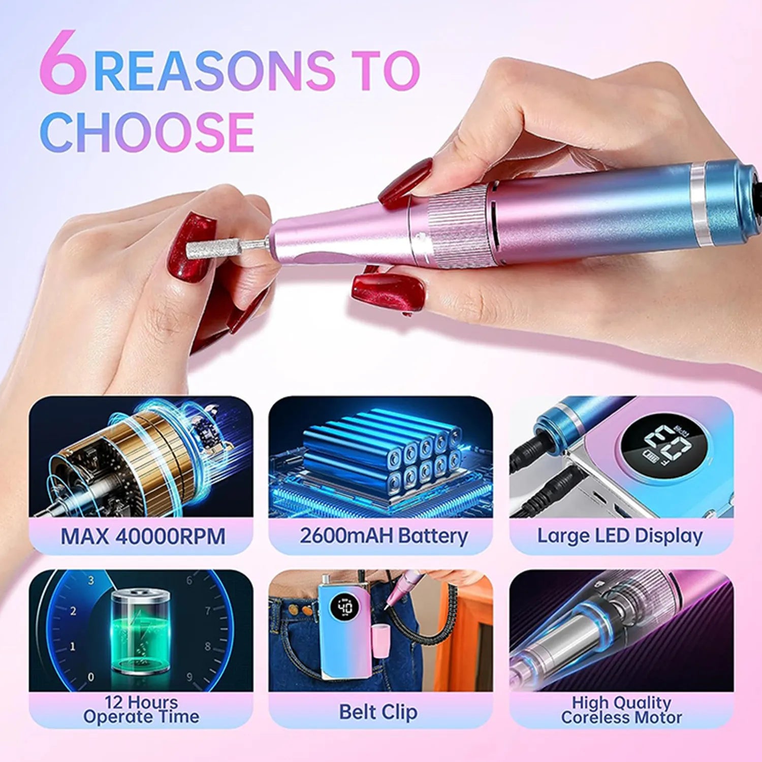 Wellstry UV-401 30W Cordless Nail Drill - 40,000 RPM - product detail view 7