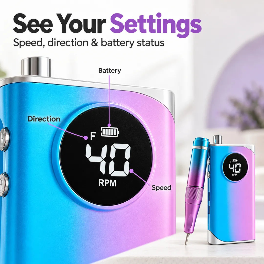 UV-401 digital display showing nail drill speed direction and battery status