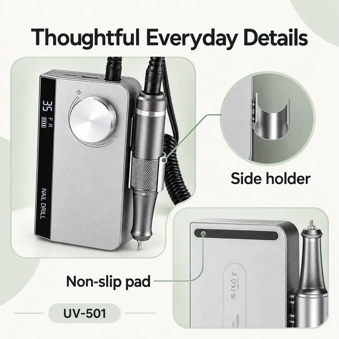 UV-501 cordless nail drill side handpiece holder and non-slip pad details