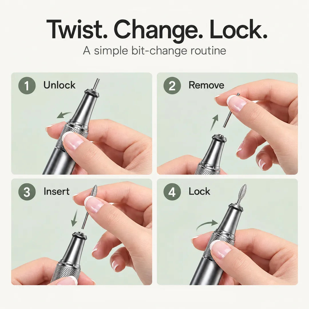 UV-501 twist-lock nail drill handpiece for simple bit changes