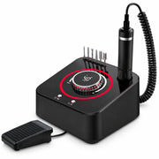Wellstry UV-601 black 48W desktop nail drill with handpiece foot pedal and drill bits on a white background